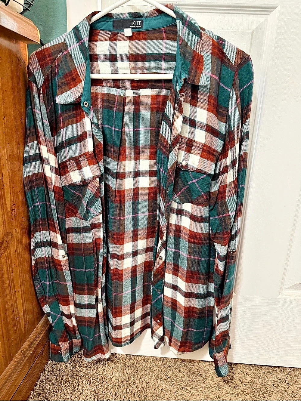 KUT from the Kloth Plaid Button Down Shirt in Green & Red Size XL Like New